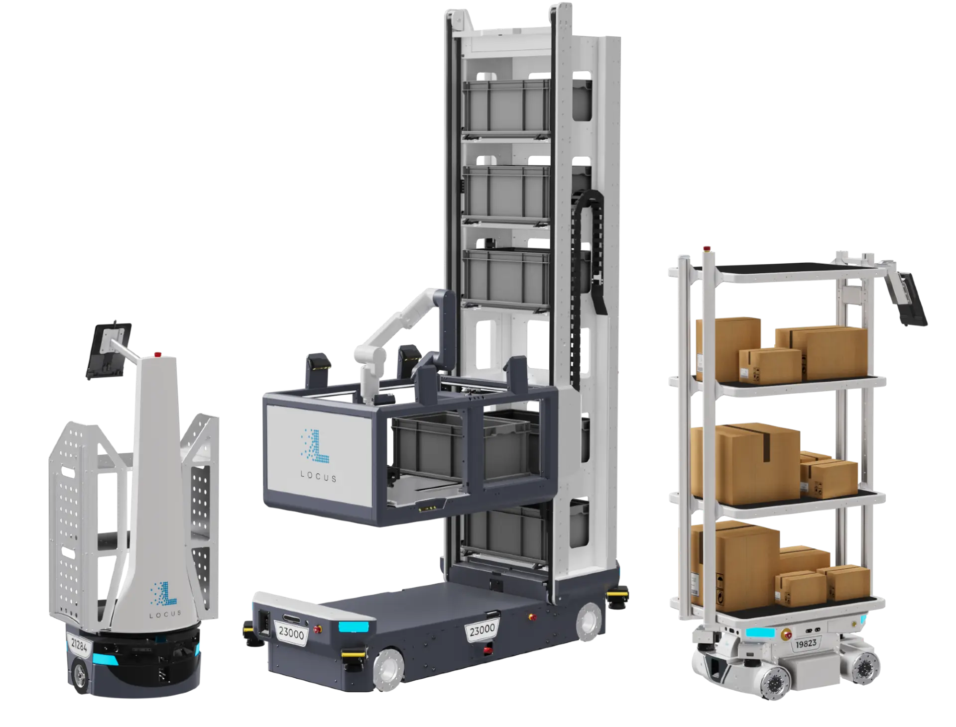 Locus Origin, Vector, and Array robots side by side